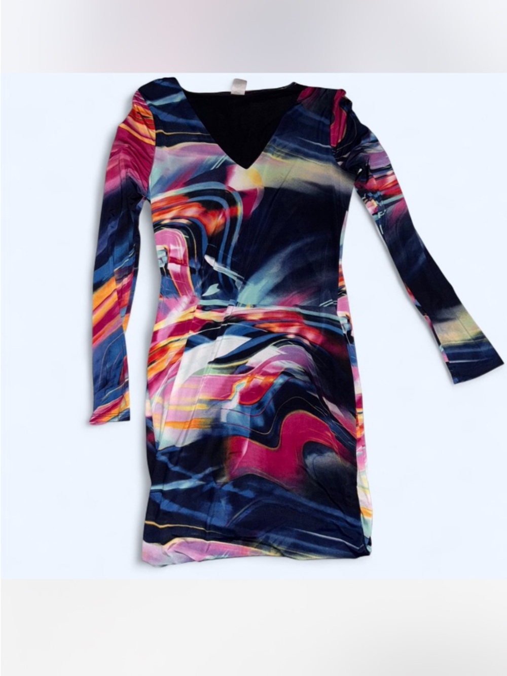 Multicolor Abstract Print V-Neck Long Sleeve Bodycon Dress